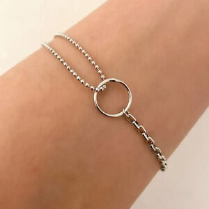 925 Sterling Silver Dainty Circle Bracelet Minimalist Asymmetric Chain Bracelet